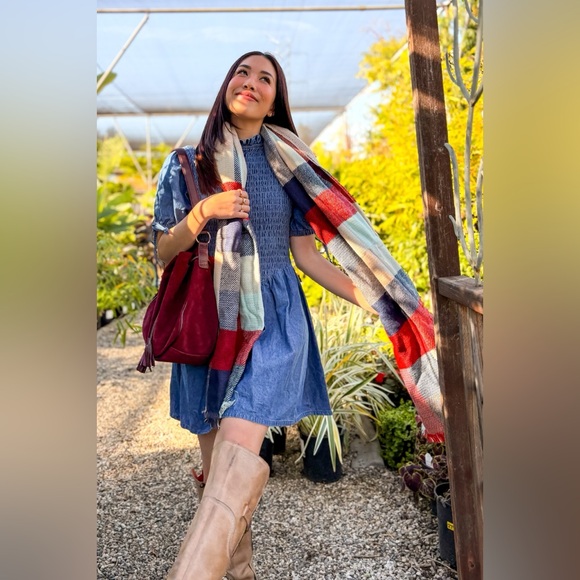 Mint/Red Check Stripe Reversible Scarf - Picture 8 of 12